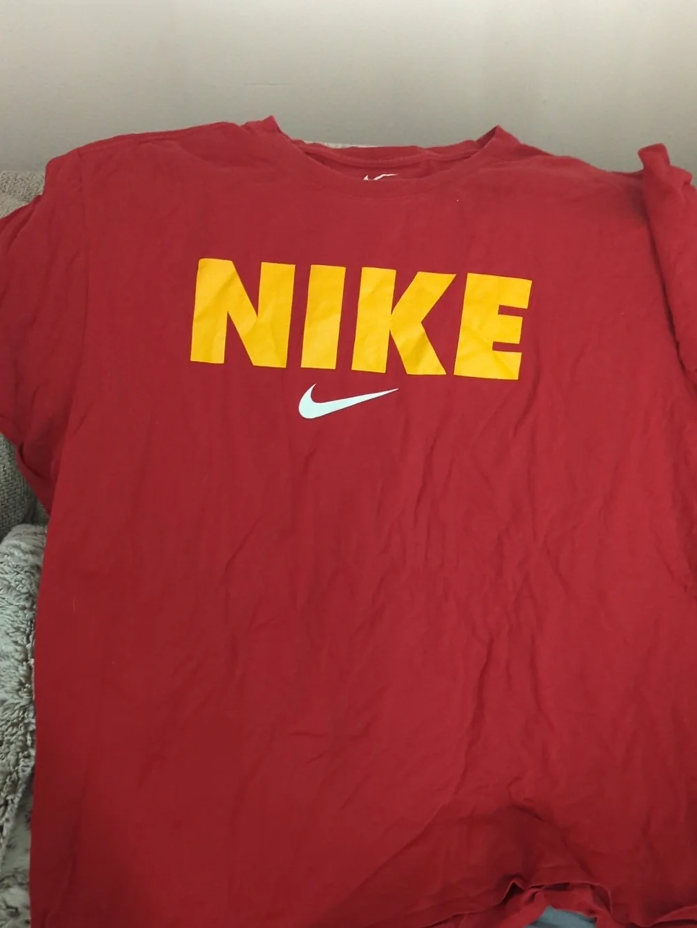 Nike Red Tee with Bold Yellow NIKE and White Swoosh